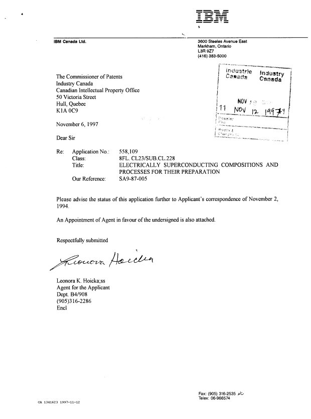Document de brevet canadien 1341623. Correspondance reliée au PCT 19971112. Image 1 de 2