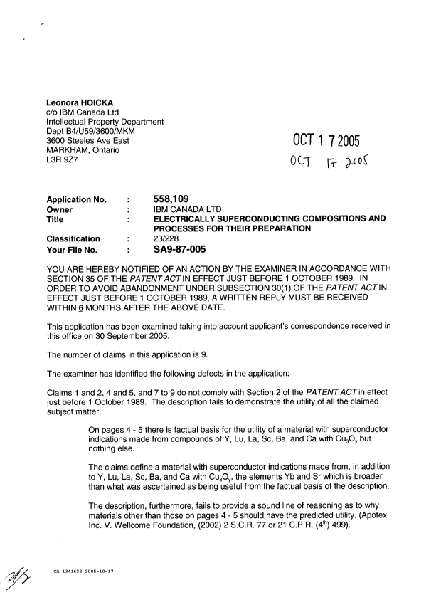 Document de brevet canadien 1341623. Demande d'examen 20051017. Image 1 de 3