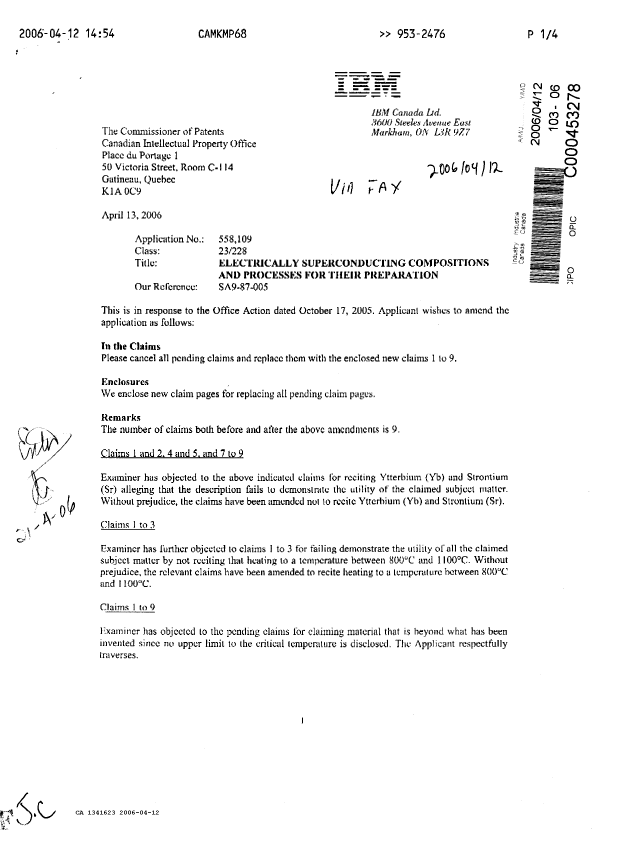 Document de brevet canadien 1341623. Correspondance de la poursuite 20060412. Image 1 de 2