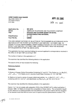 Canadian Patent Document 1341626. Examiner Requisition 20050405. Image 1 of 2
