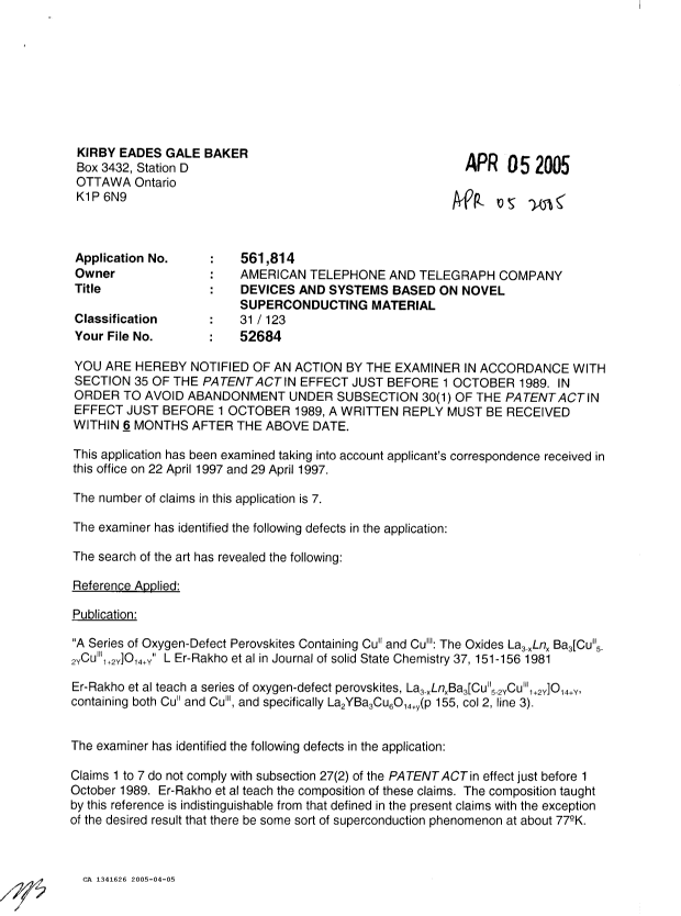 Canadian Patent Document 1341626. Examiner Requisition 20050405. Image 1 of 2