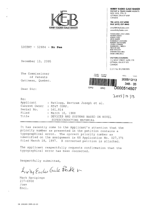 Canadian Patent Document 1341626. PCT Correspondence 20051213. Image 1 of 1