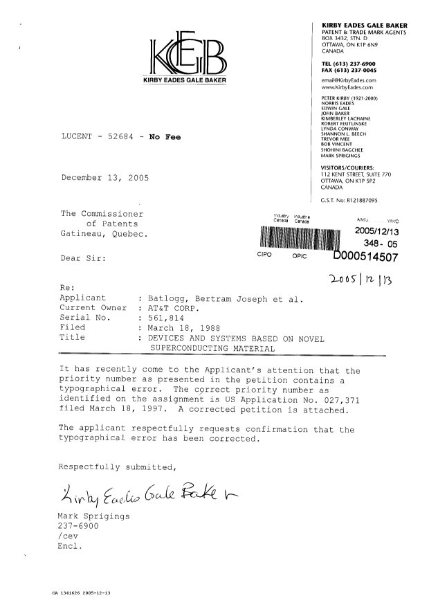 Document de brevet canadien 1341626. Correspondance reliée au PCT 20051213. Image 1 de 1