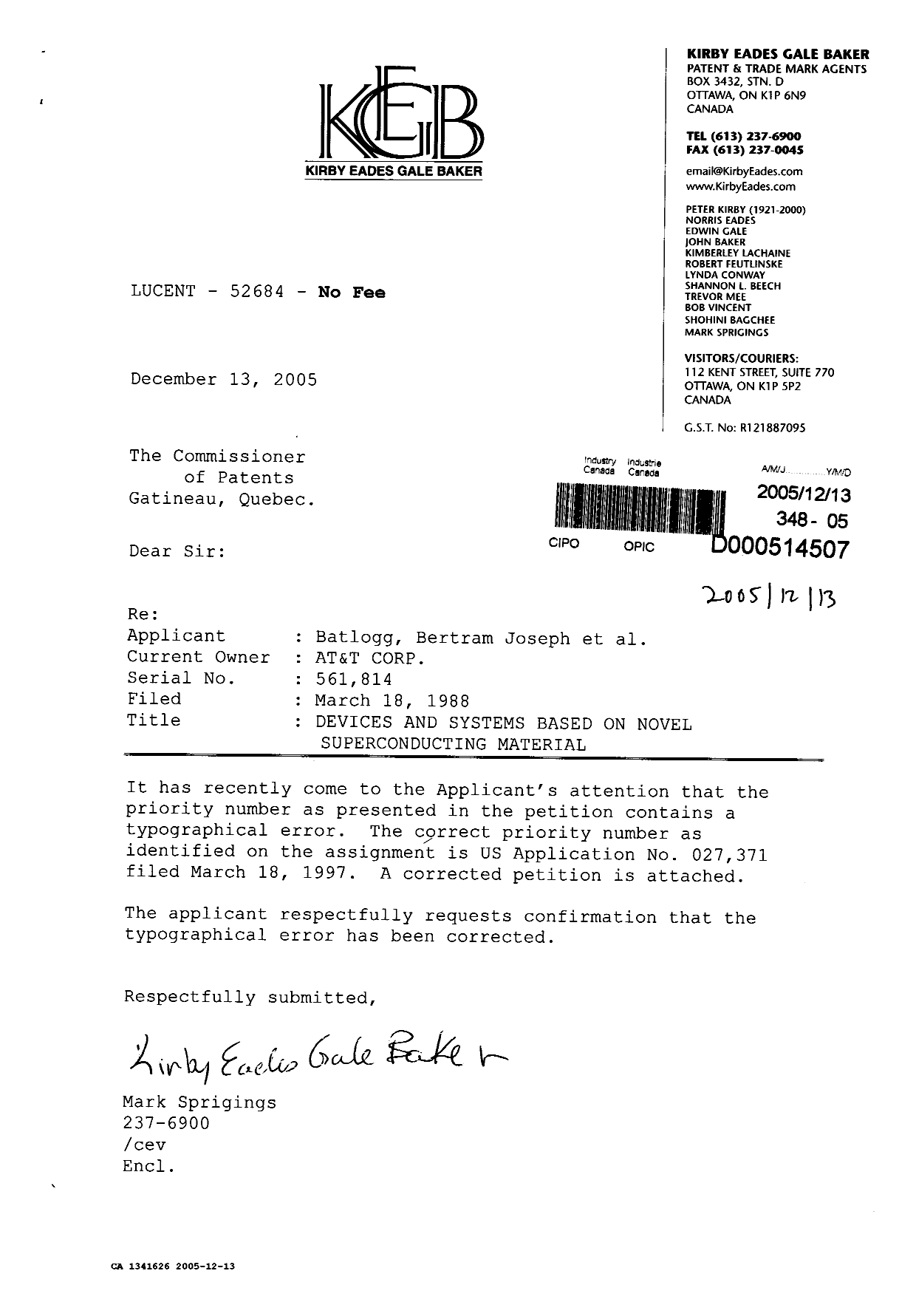 Canadian Patent Document 1341626. PCT Correspondence 20051213. Image 1 of 1