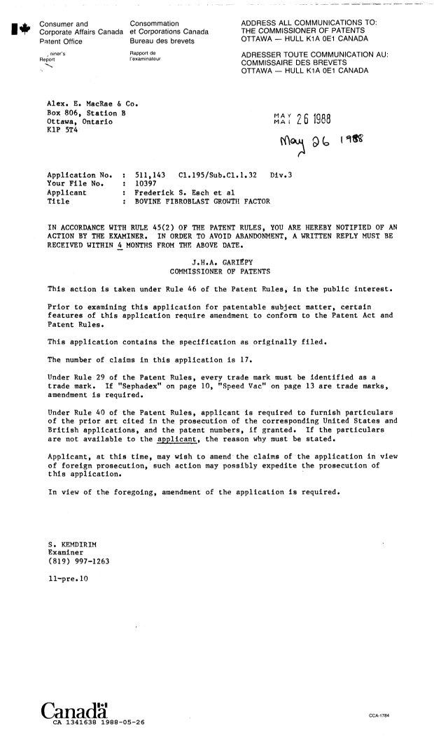 Canadian Patent Document 1341638. Examiner Requisition 19880526. Image 1 of 1