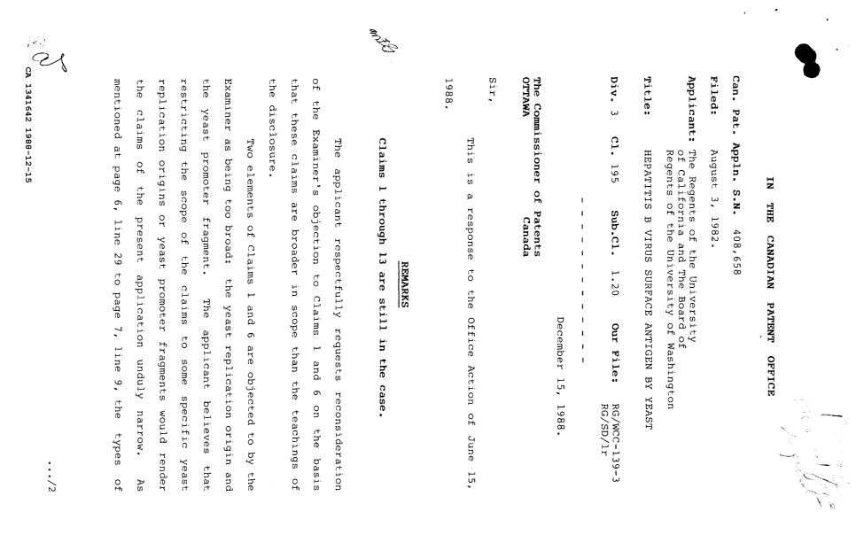 Canadian Patent Document 1341642. Amendment 19881215. Image 1 of 3
