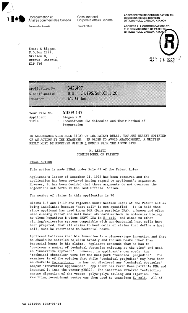 Document de brevet canadien 1341644. Redélivrance 19930514. Image 1 de 5