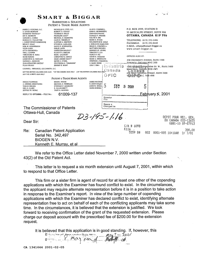 Document de brevet canadien 1341644. Correspondance de la poursuite 20010205. Image 1 de 2