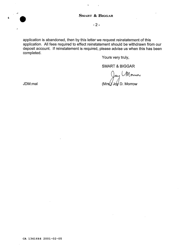 Canadian Patent Document 1341644. Prosecution Correspondence 20010205. Image 2 of 2