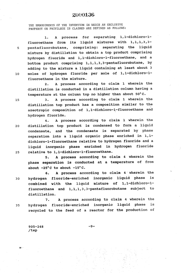 Document de brevet canadien 2000136. Revendications 19901104. Image 1 de 2