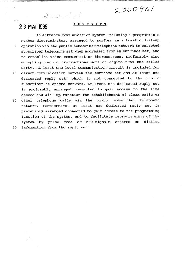 Document de brevet canadien 2000961. Abrégé 19950523. Image 1 de 1