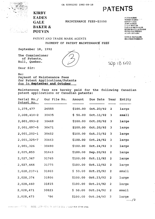 Document de brevet canadien 2001202. Taxes 19920918. Image 1 de 1