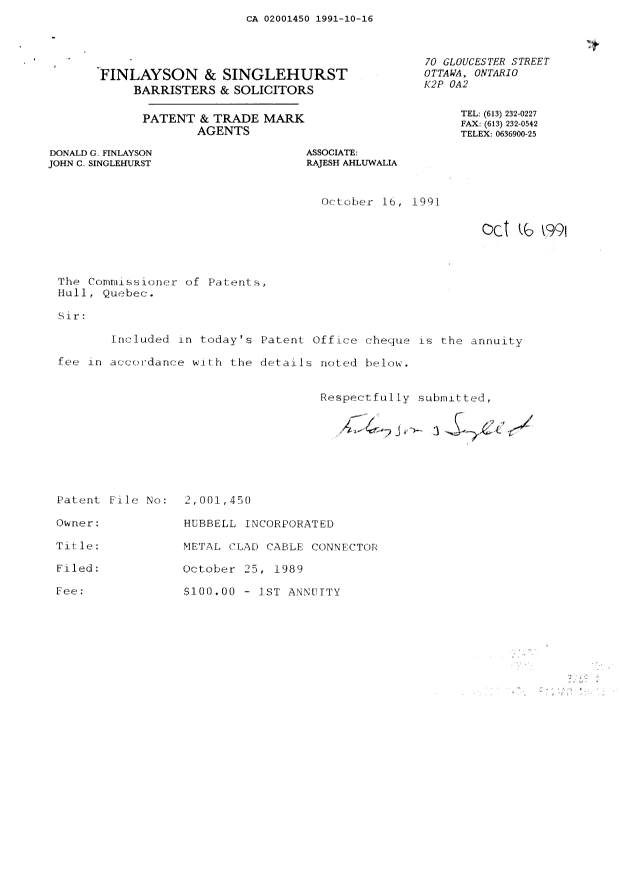 Document de brevet canadien 2001450. Taxes 19911016. Image 1 de 1