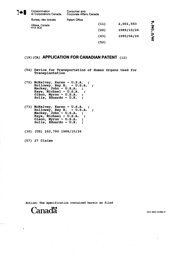 Canadian Patent Document 2001553. Cover Page 19900426. Image 1 of 1