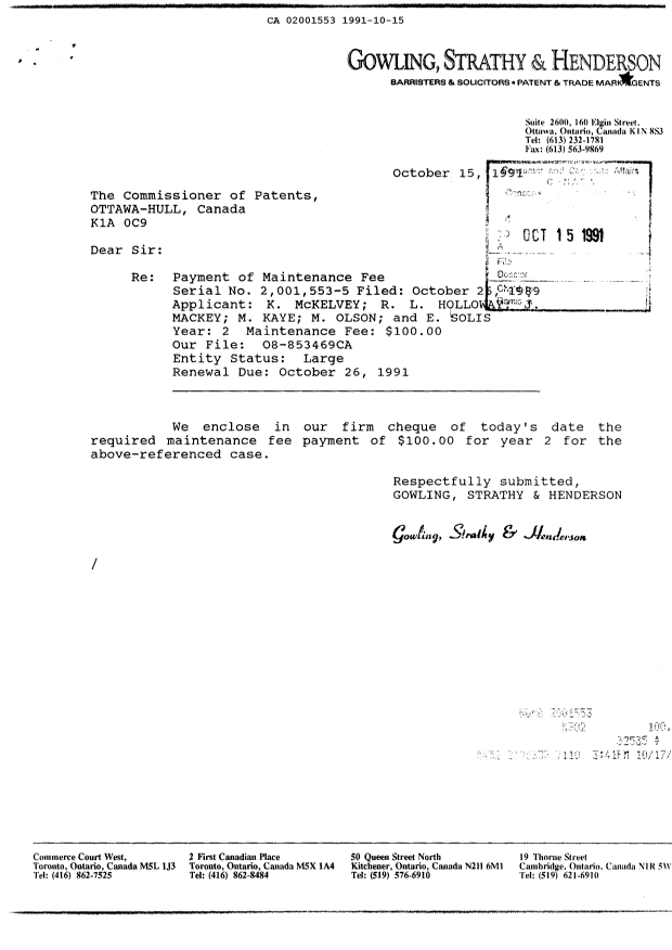 Canadian Patent Document 2001553. Fees 19911015. Image 1 of 1