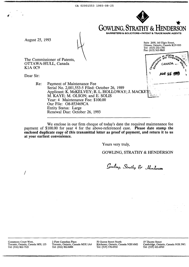Canadian Patent Document 2001553. Fees 19930825. Image 1 of 1