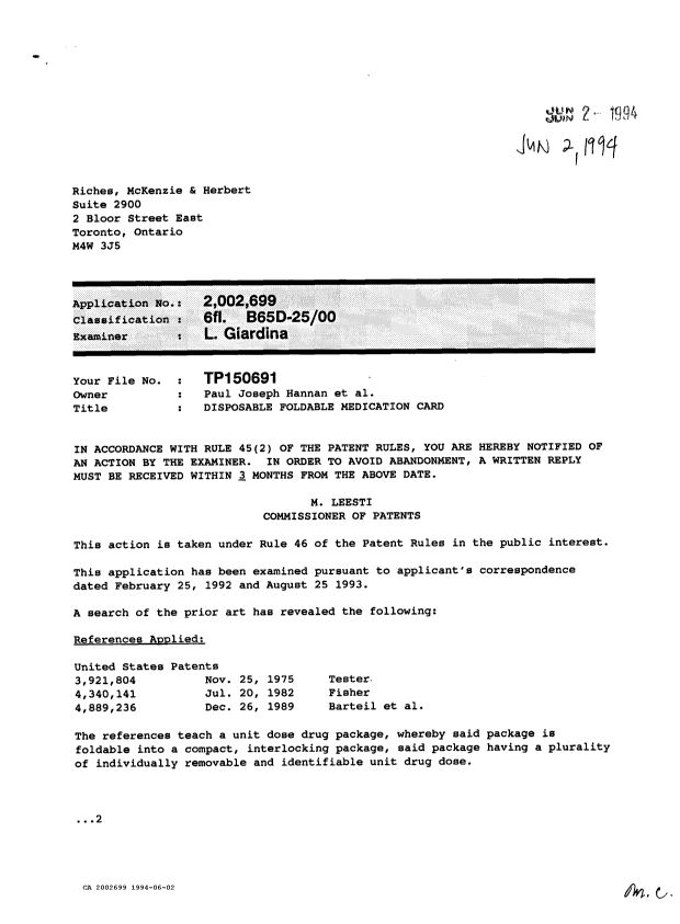 Canadian Patent Document 2002699. Examiner Requisition 19940602. Image 1 of 2