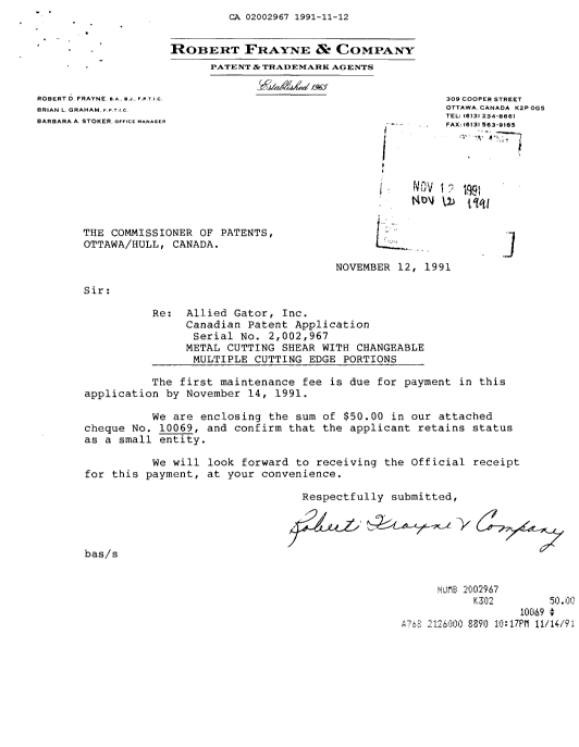 Document de brevet canadien 2002967. Taxes 19911112. Image 1 de 1