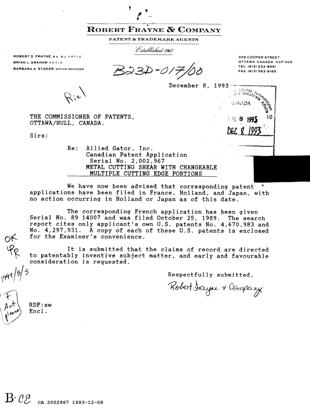 Canadian Patent Document 2002967. Prosecution Correspondence 19931208. Image 1 of 1