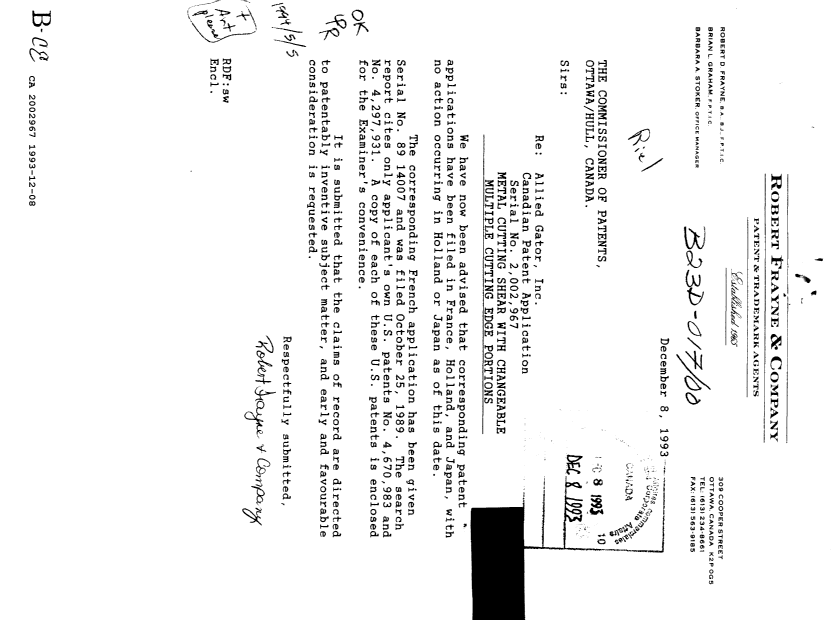 Canadian Patent Document 2002967. Prosecution Correspondence 19931208. Image 1 of 1