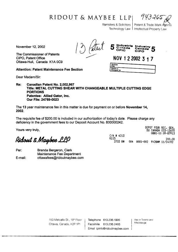 Canadian Patent Document 2002967. Fees 20021112. Image 1 of 1