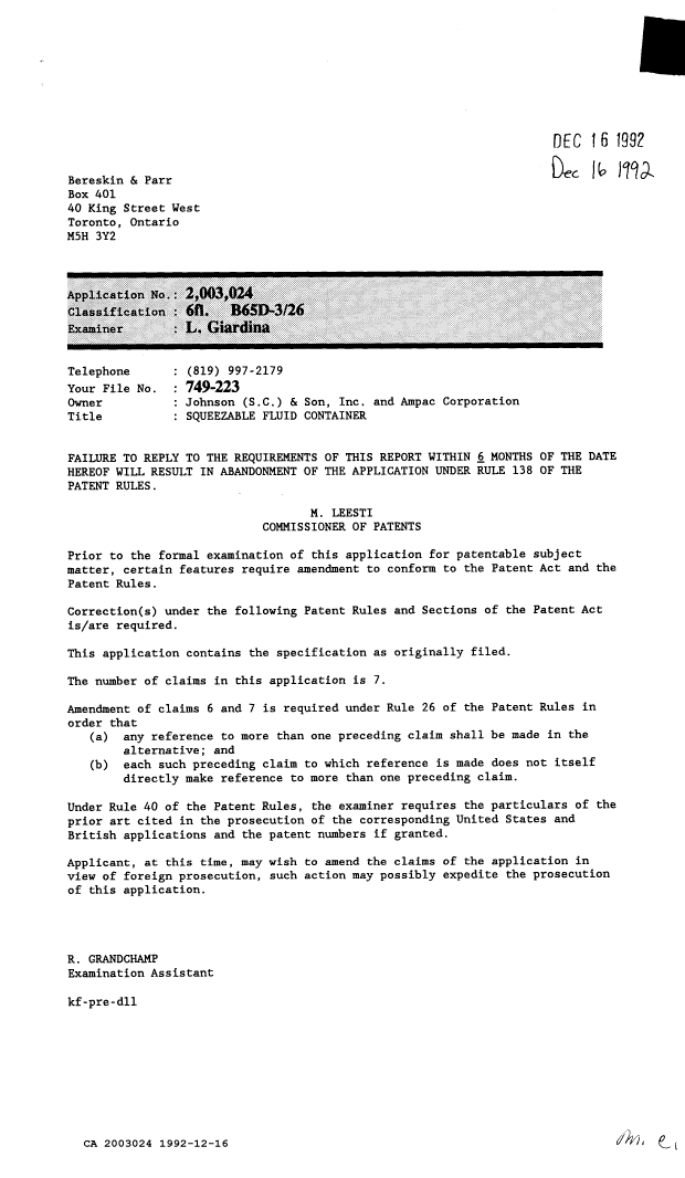 Canadian Patent Document 2003024. Prosecution-Amendment 19911216. Image 1 of 1
