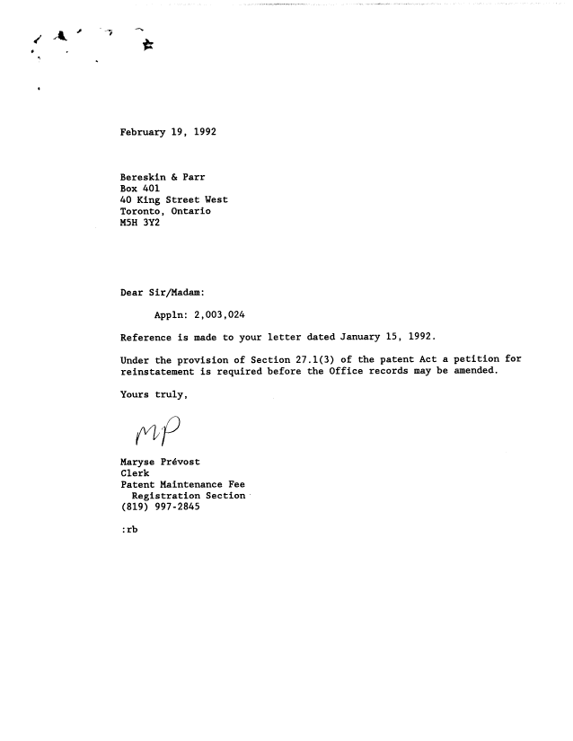 Canadian Patent Document 2003024. Correspondence 19911219. Image 1 of 1