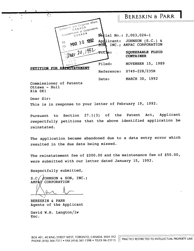 Canadian Patent Document 2003024. Fees 19911230. Image 1 of 1