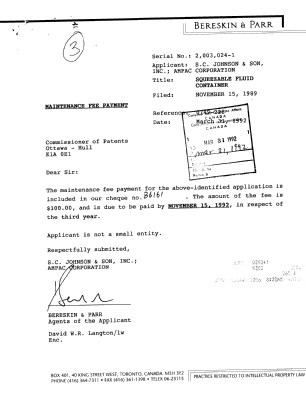 Canadian Patent Document 2003024. Fees 19911231. Image 1 of 1