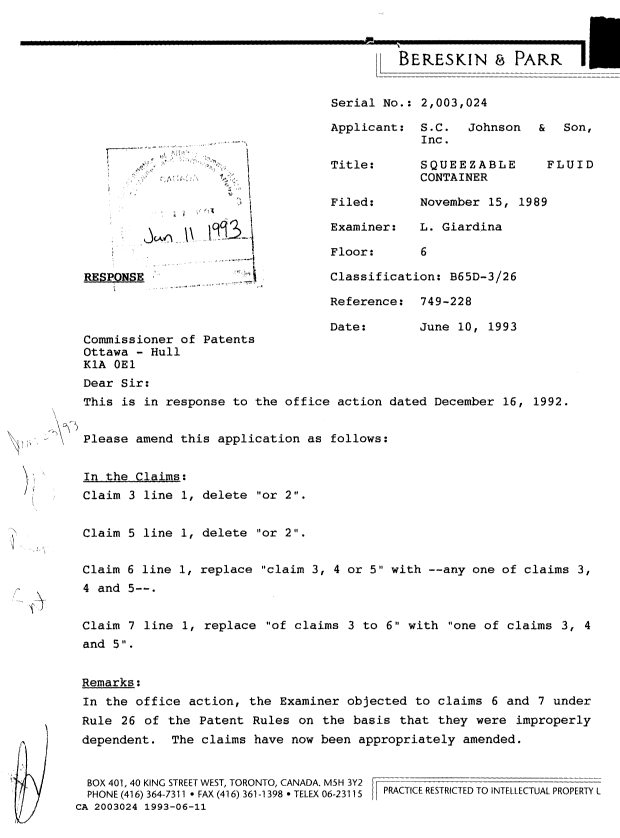 Canadian Patent Document 2003024. Prosecution-Amendment 19921211. Image 1 of 8