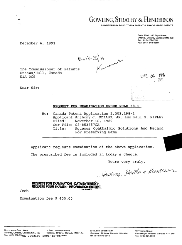 Canadian Patent Document 2003198. Prosecution-Amendment 19901206. Image 1 of 1