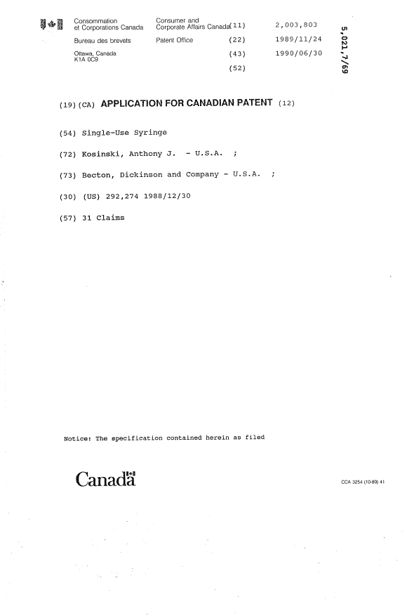 Canadian Patent Document 2003803. Cover Page 19940409. Image 1 of 1