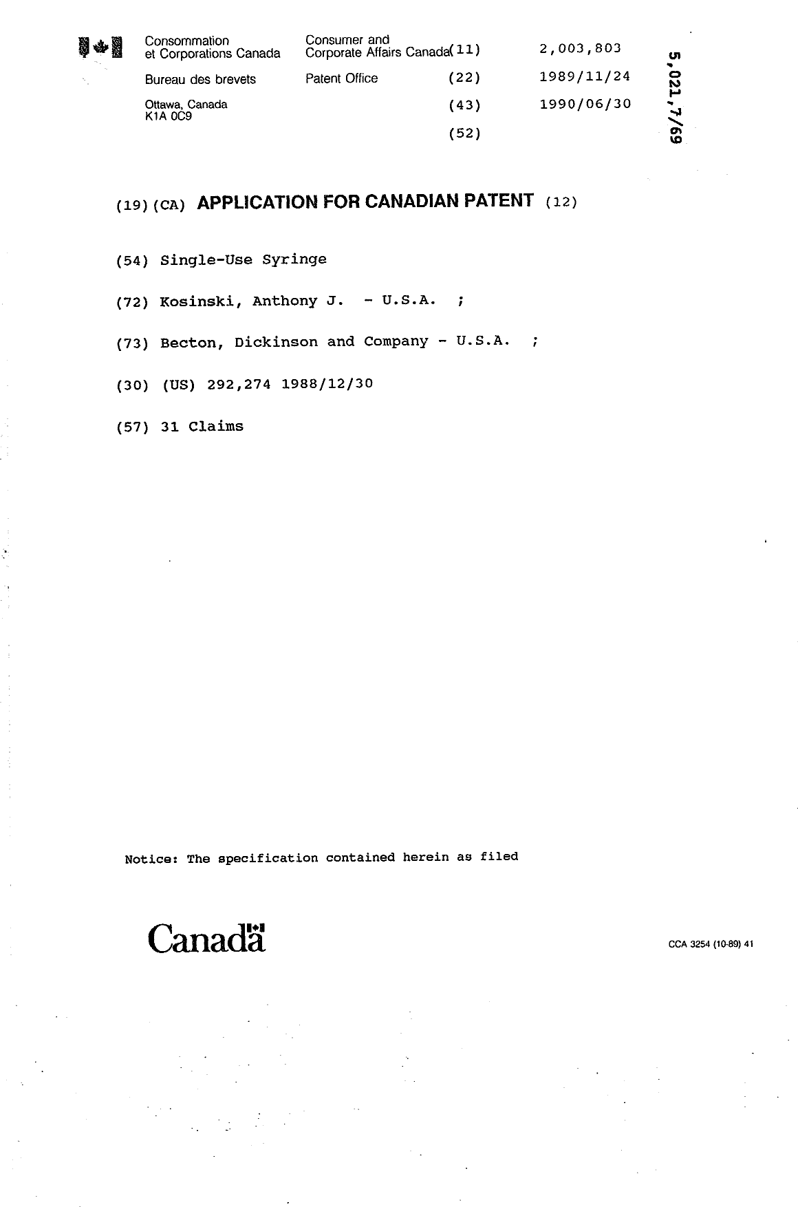 Canadian Patent Document 2003803. Cover Page 19940409. Image 1 of 1