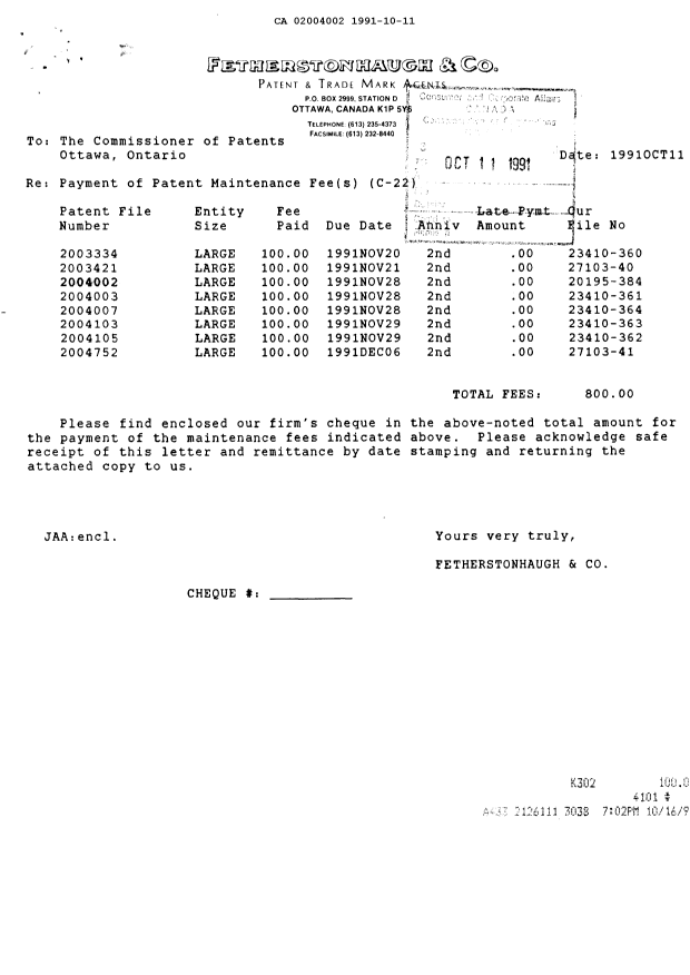 Canadian Patent Document 2004002. Fees 19911011. Image 1 of 1