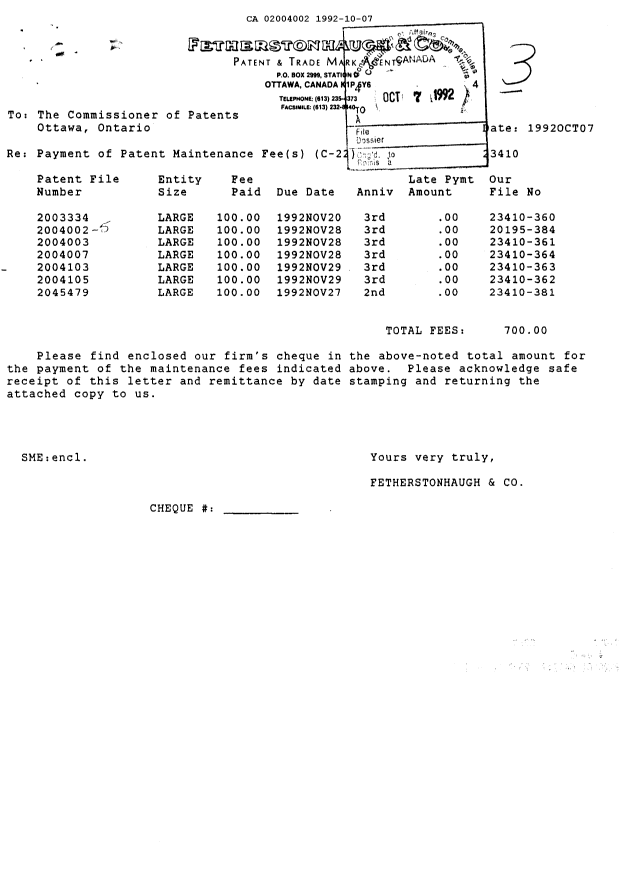 Canadian Patent Document 2004002. Fees 19911207. Image 1 of 1