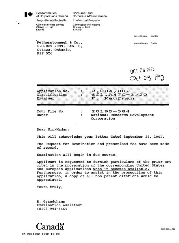 Canadian Patent Document 2004002. Office Letter 19921028. Image 1 of 1
