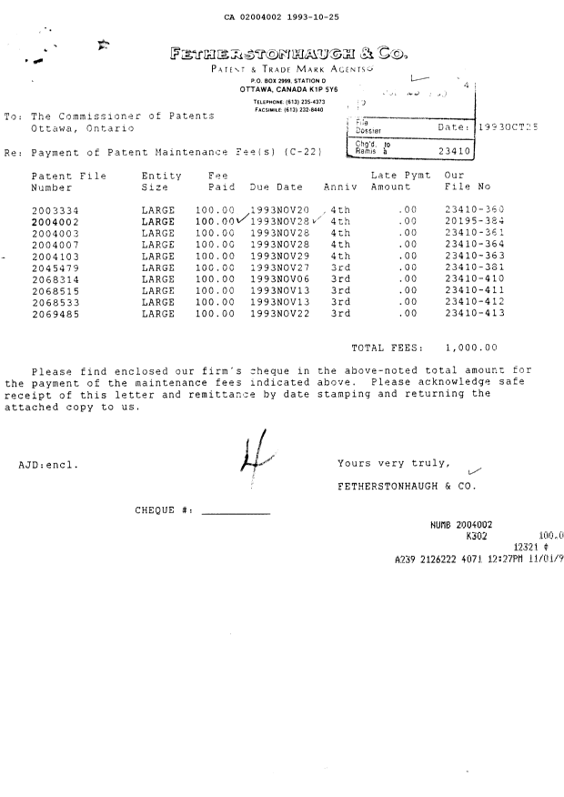 Canadian Patent Document 2004002. Fees 19921225. Image 1 of 1