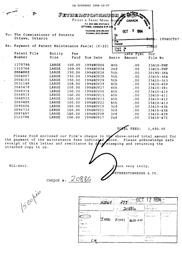 Canadian Patent Document 2004002. Fees 19931207. Image 1 of 1