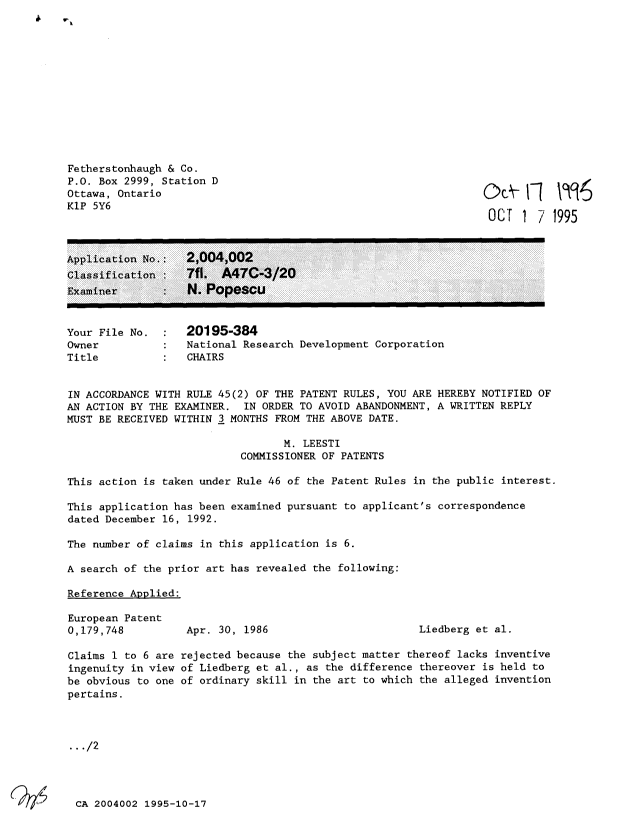Canadian Patent Document 2004002. Prosecution-Amendment 19941217. Image 1 of 2