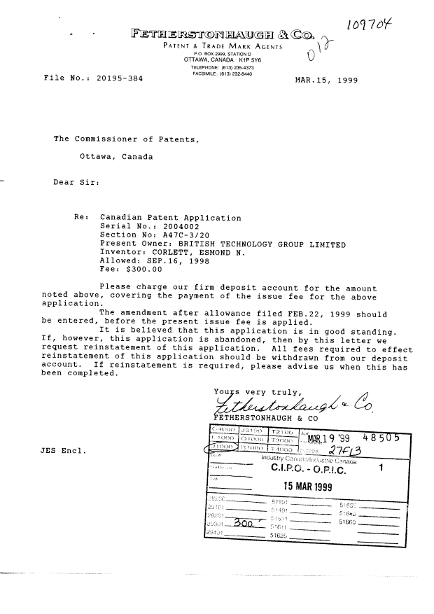 Canadian Patent Document 2004002. Correspondence 19990315. Image 1 of 1