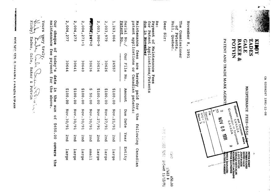 Canadian Patent Document 2004267. Fees 19911108. Image 1 of 1