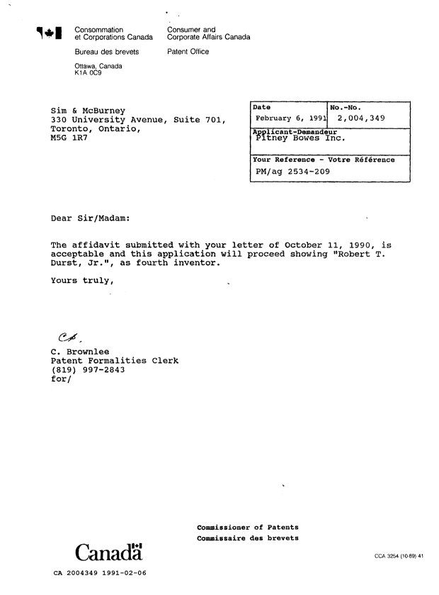 Document de brevet canadien 2004349. Lettre du bureau 19910206. Image 1 de 1