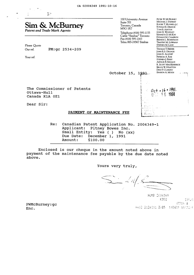 Canadian Patent Document 2004349. Fees 19911016. Image 1 of 1