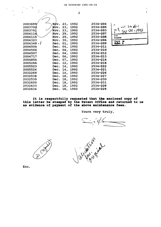 Document de brevet canadien 2004349. Taxes 19920924. Image 1 de 1