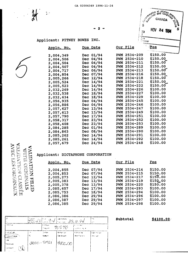 Document de brevet canadien 2004349. Taxes 19941124. Image 1 de 1