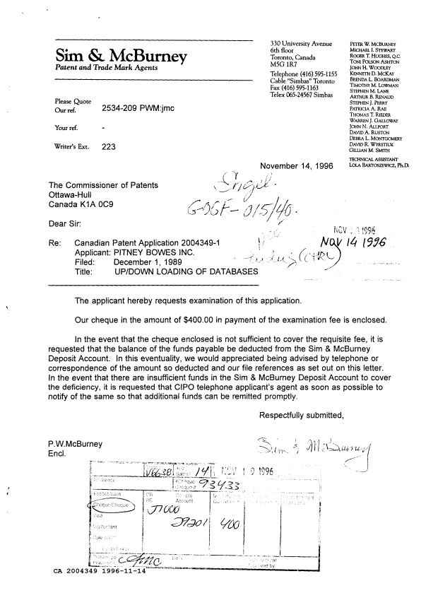 Document de brevet canadien 2004349. Correspondance de la poursuite 19961114. Image 1 de 1