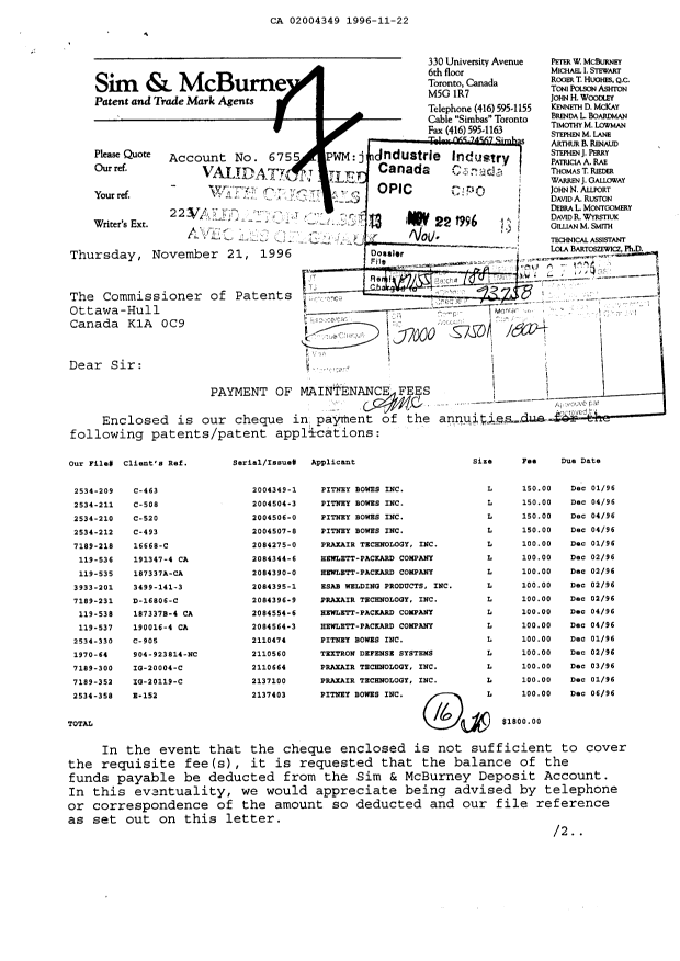 Document de brevet canadien 2004349. Taxes 19961122. Image 1 de 1