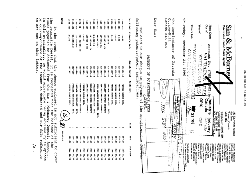 Canadian Patent Document 2004349. Fees 19961122. Image 1 of 1