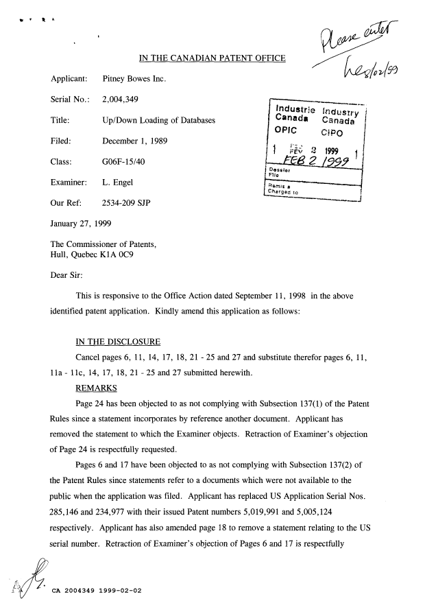 Canadian Patent Document 2004349. Prosecution Correspondence 19990202. Image 1 of 2