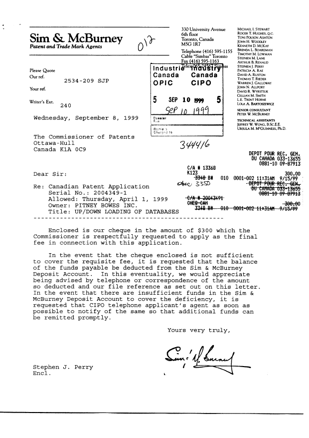 Document de brevet canadien 2004349. Correspondance 19990910. Image 1 de 1